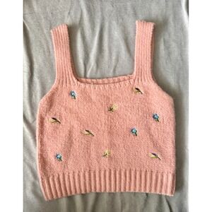 Unbranded Floral Embroidered Knit Tank Top Women Small Pink Crop Vest